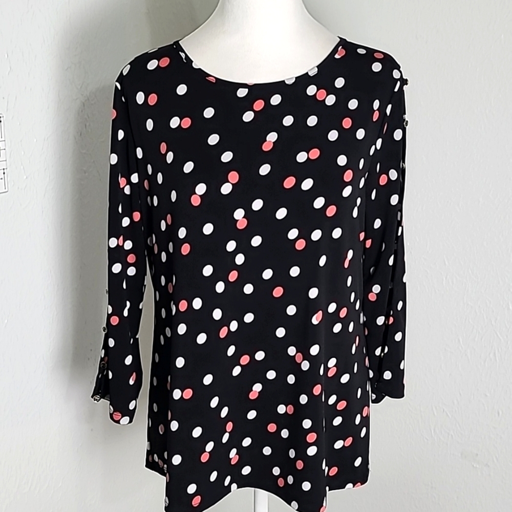 Investments Black, White & Pink Polka-dot Pullover Top, Size Medium